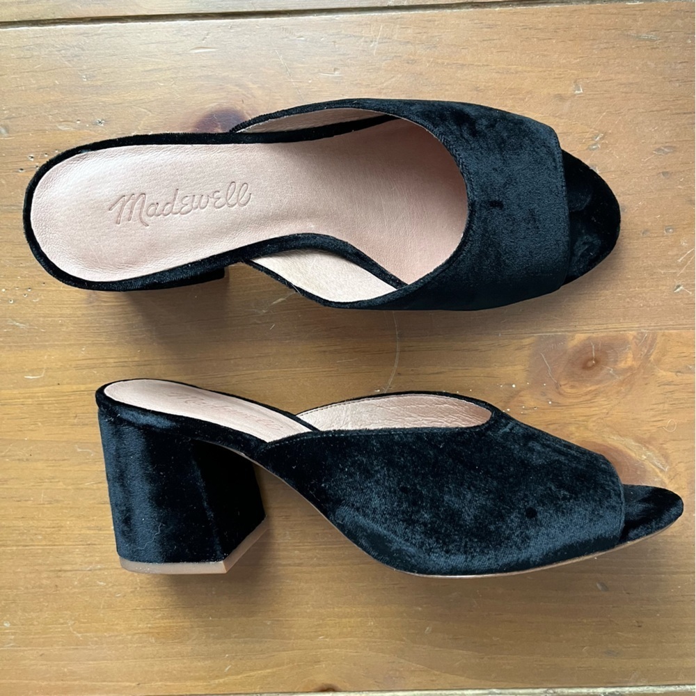 Madewell Women’s Beatriz Trendy Black Velvet Mules Open Toe Block Heel - Picture 7 of 12